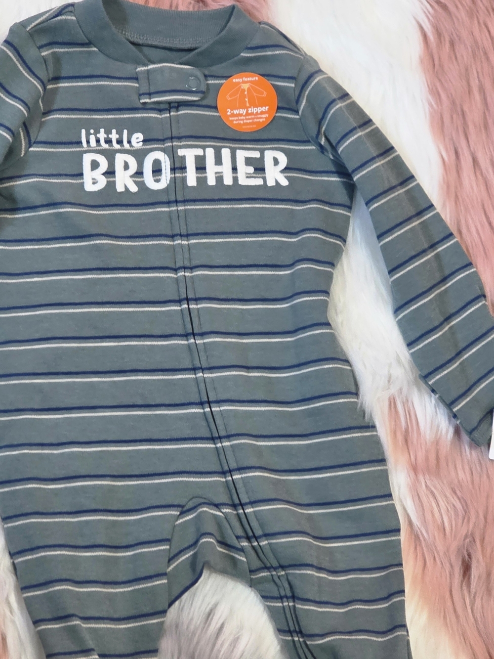Carter's Blue Striped "Little Brother" Zipper Footed One-Piece Green 3 M